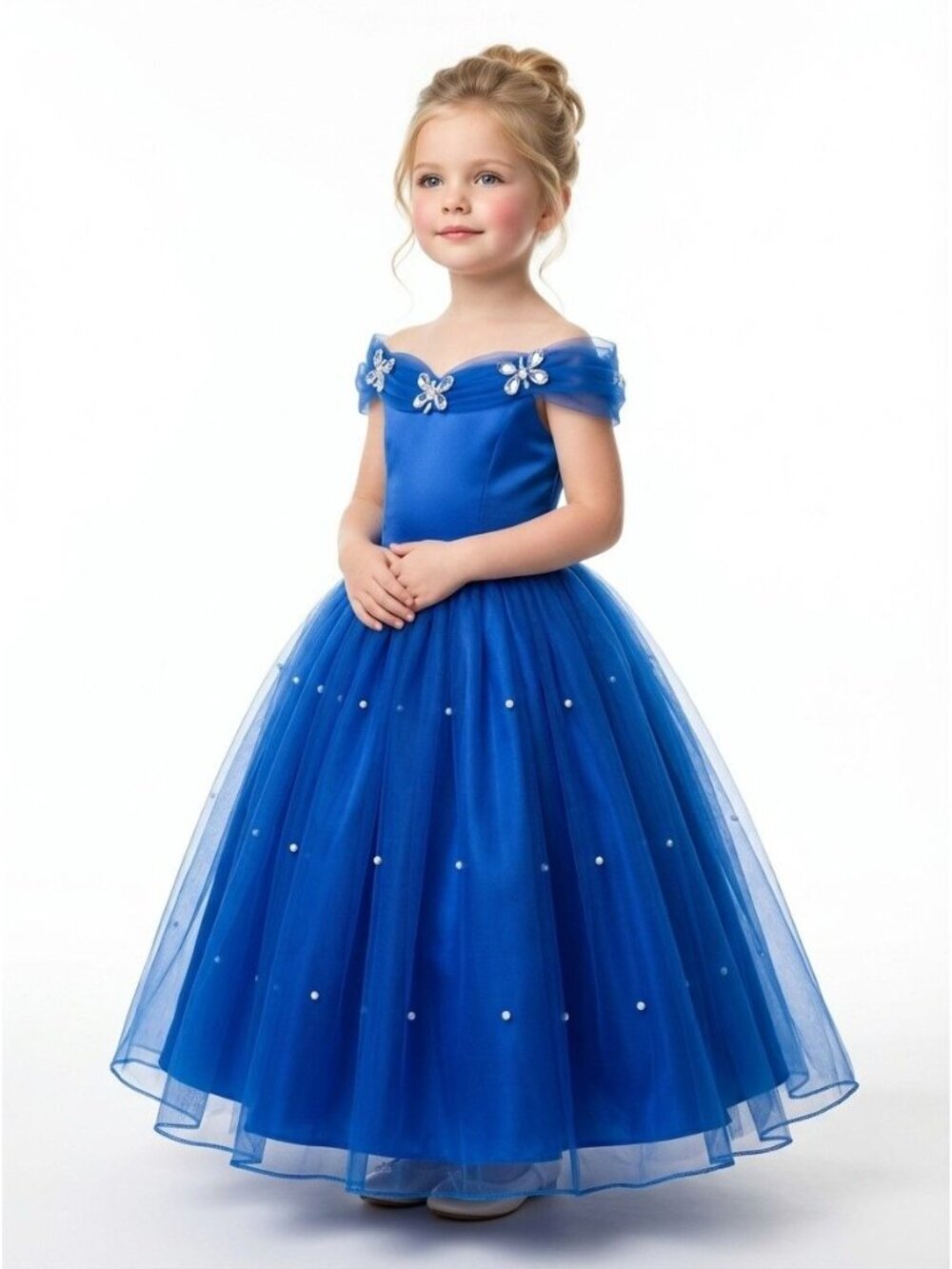 Girls Royal Blue Party Dress with Pearl Tulle Skirt - Picture 2 of 3